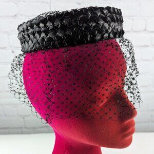 Vintage Black Braided Pill Box Fascinator Hat w/ Netting